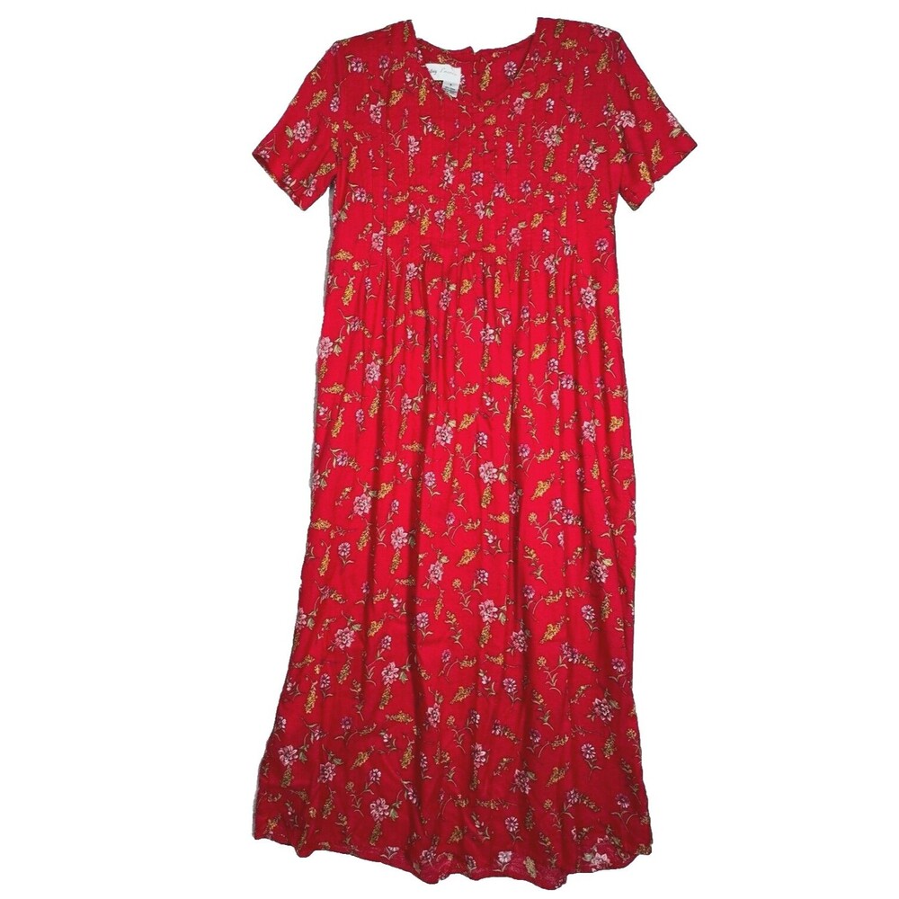 Betsy Lauren Dress Womens 6 Red Yellow Floral Midi Bohemian‎ Cottagecore Prairie